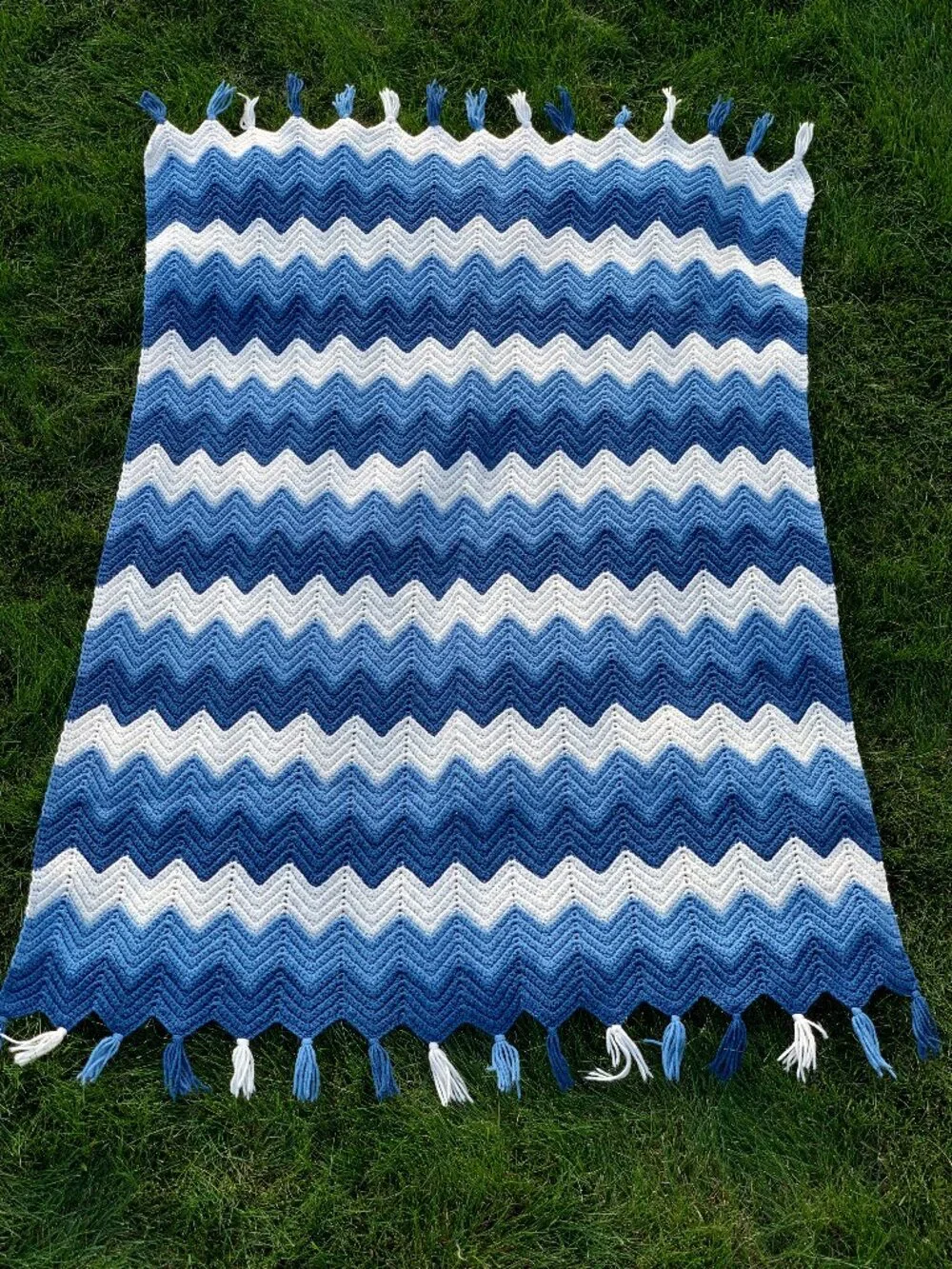 Vintage 80s Crochet Afghan Blue Chevron Hand Knit Wool Throw Boho Retro Blanket